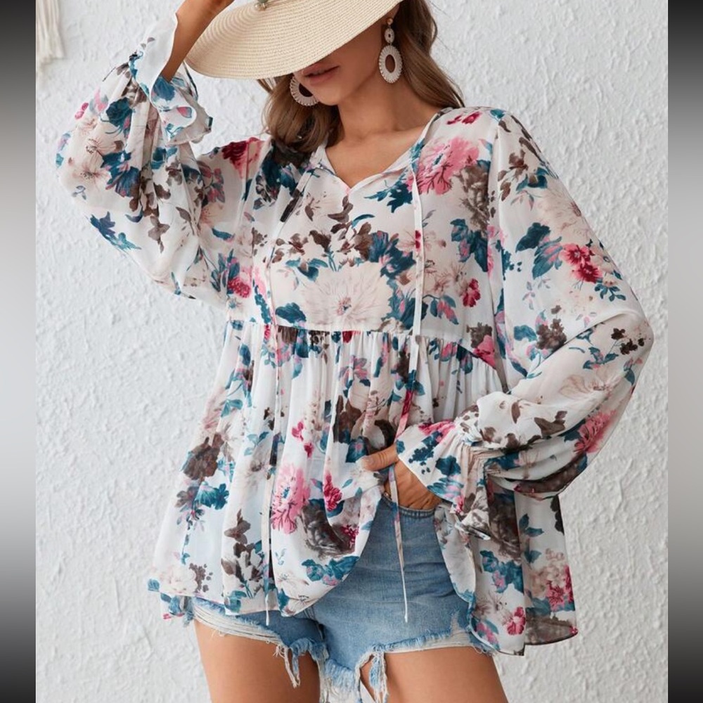 Boho Sheer Floral Print Cottagecore Top Blouse Shirt White